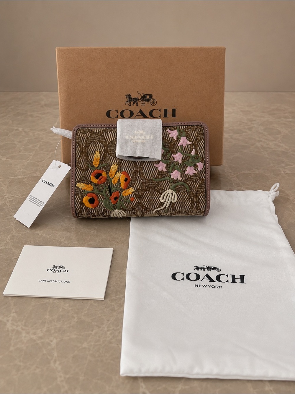 Coach Brown Signature Floral Zip Wallet with Pink Trim
